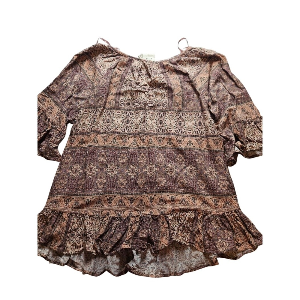 Knox Rose Womens XL Boho Peasant Top Paisley Floral Tassel Ruffle Hem Blouse - Picture 4 of 4